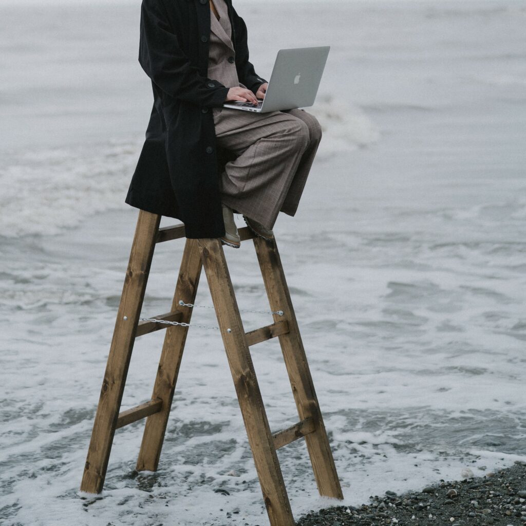 femme en haut d'une échelle au bord de l'eau qui écrit sur son ordinateur